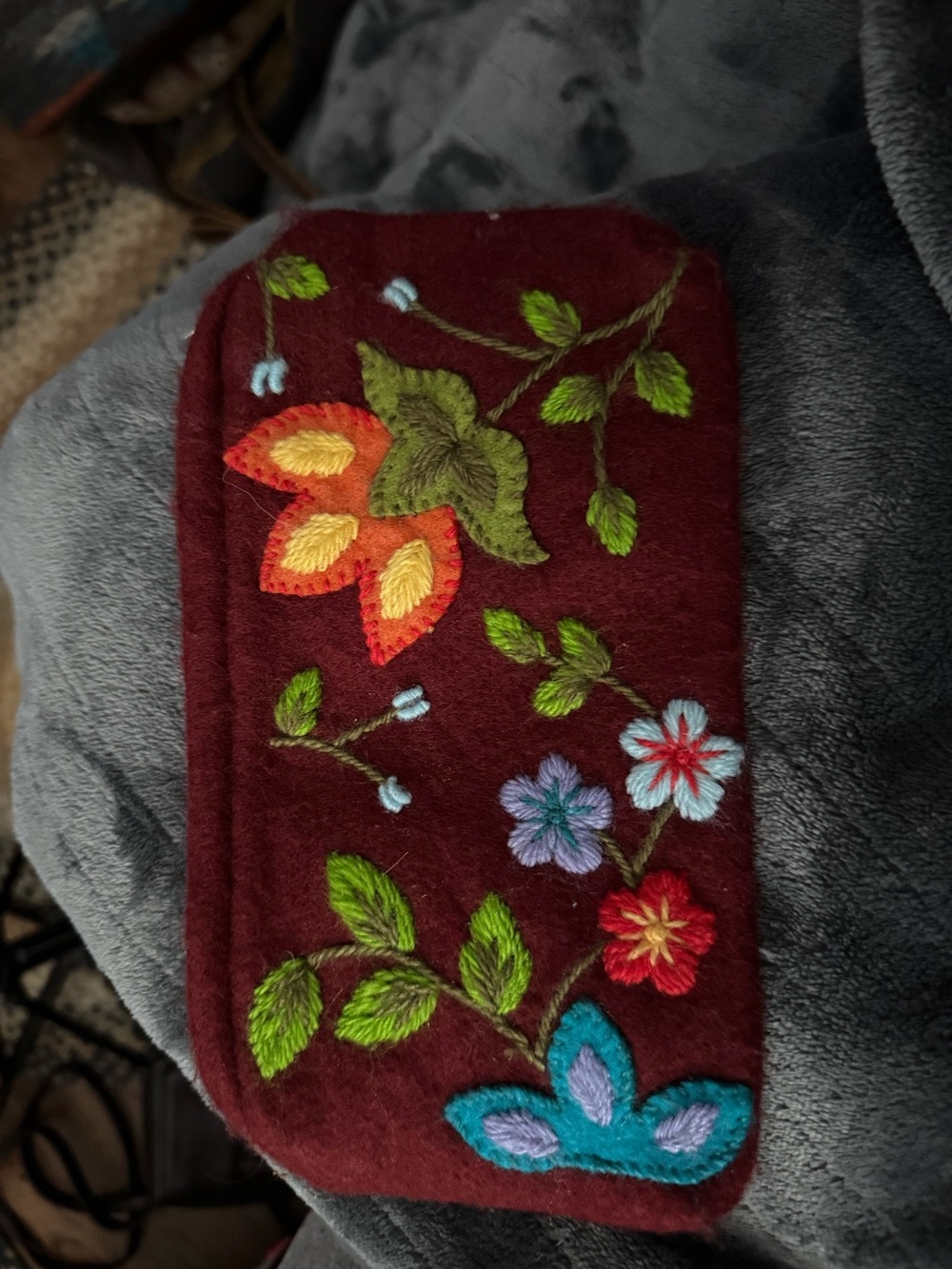 Hand-Embroidered Burgundy Floral Cosmetic Pouch
